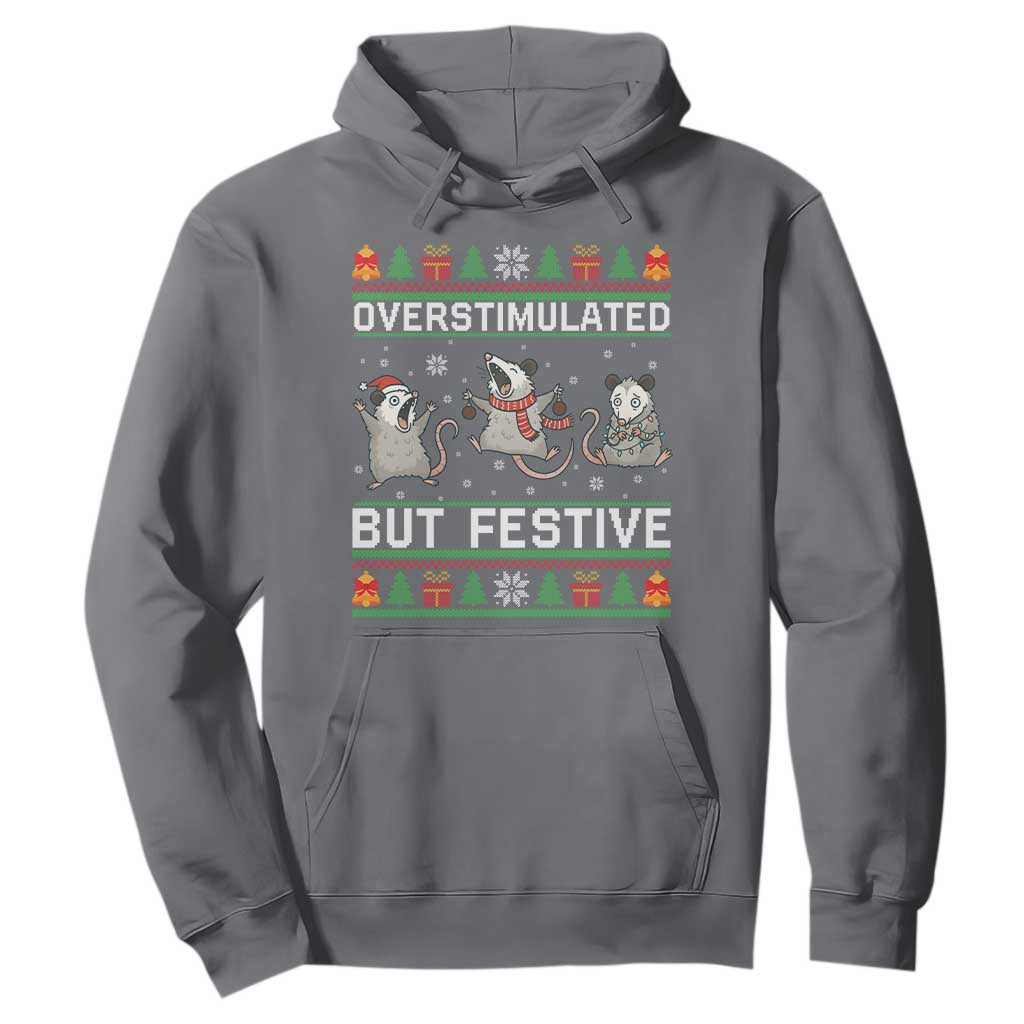 Overstimulated But Festive Opossum Christmas Hoodie Funny Holiday Anxiety Gag Gift for Introverts TS02 Charcoal Print Your Wear