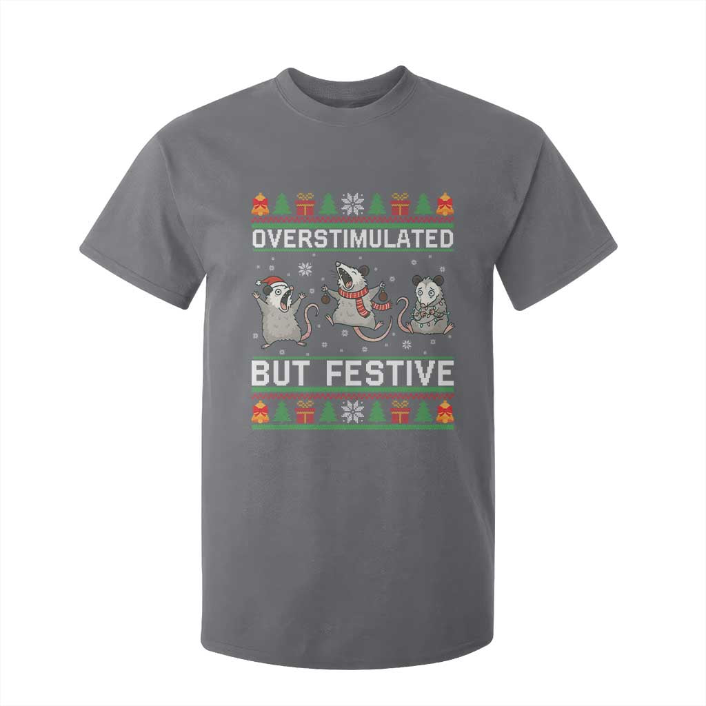 Overstimulated But Festive Opossum Christmas T Shirt For Kid Funny Holiday Anxiety Gag Gift for Introverts TS02 Charcoal Print Your Wear