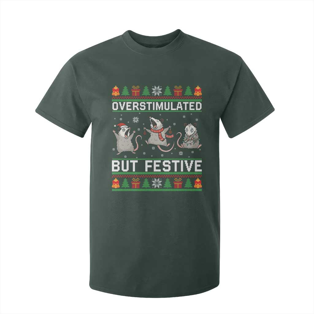 Overstimulated But Festive Opossum Christmas T Shirt For Kid Funny Holiday Anxiety Gag Gift for Introverts TS02 Dark Forest Green Print Your Wear