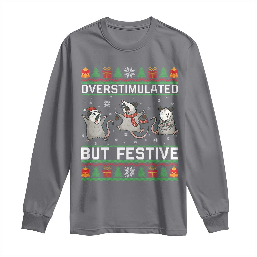 Overstimulated But Festive Opossum Christmas Long Sleeve Shirt Funny Holiday Anxiety Gag Gift for Introverts TS02 Charcoal Print Your Wear