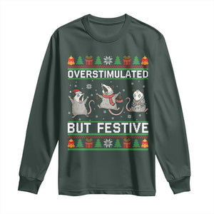 Overstimulated But Festive Opossum Christmas Long Sleeve Shirt Funny Holiday Anxiety Gag Gift for Introverts TS02 Dark Forest Green Print Your Wear