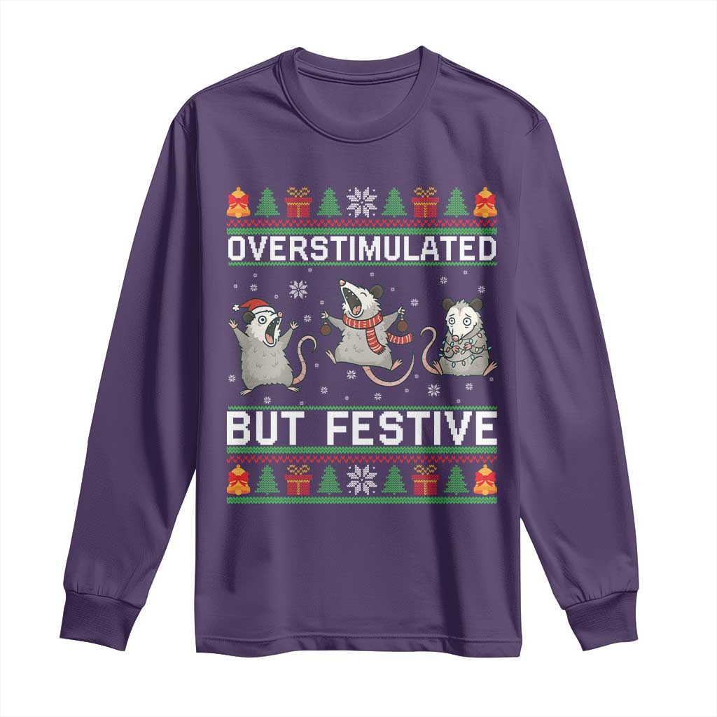 Overstimulated But Festive Opossum Christmas Long Sleeve Shirt Funny Holiday Anxiety Gag Gift for Introverts TS02 Purple Print Your Wear