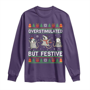 Overstimulated But Festive Opossum Christmas Long Sleeve Shirt Funny Holiday Anxiety Gag Gift for Introverts TS02 Purple Print Your Wear
