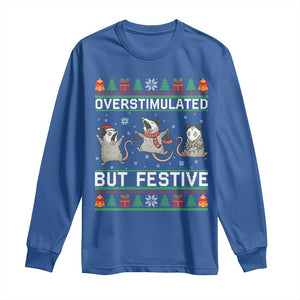 Overstimulated But Festive Opossum Christmas Long Sleeve Shirt Funny Holiday Anxiety Gag Gift for Introverts TS02 Royal Blue Print Your Wear