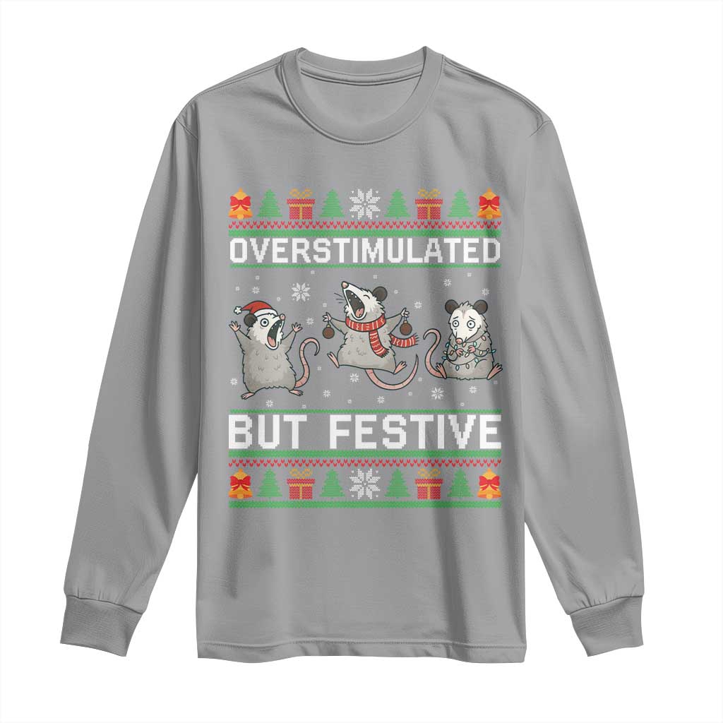 Overstimulated But Festive Opossum Christmas Long Sleeve Shirt Funny Holiday Anxiety Gag Gift for Introverts TS02 Sport Gray Print Your Wear