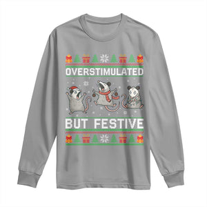 Overstimulated But Festive Opossum Christmas Long Sleeve Shirt Funny Holiday Anxiety Gag Gift for Introverts TS02 Sport Gray Print Your Wear