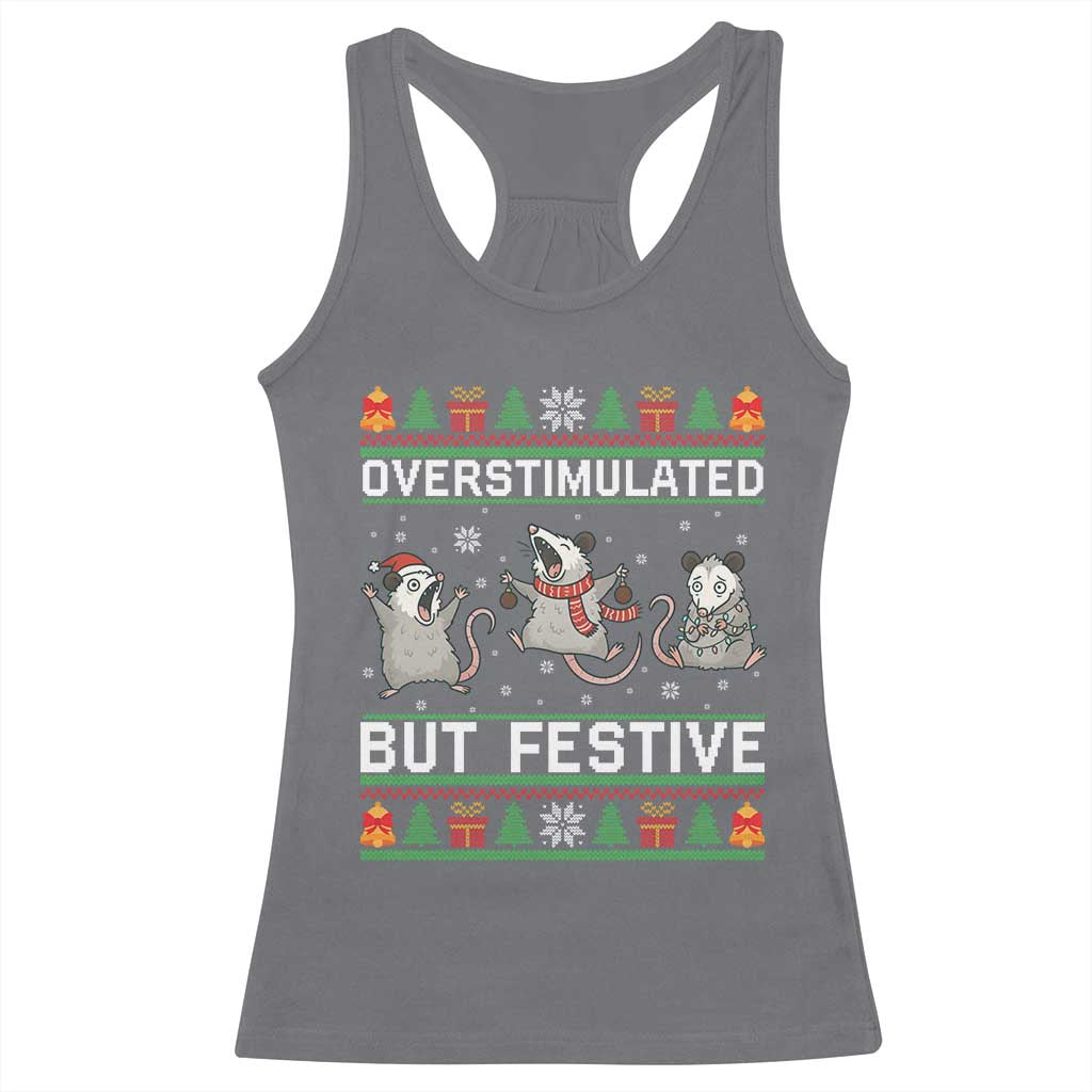 Overstimulated But Festive Opossum Christmas Racerback Tank Top Funny Holiday Anxiety Gag Gift for Introverts TS02 Charcoal Print Your Wear
