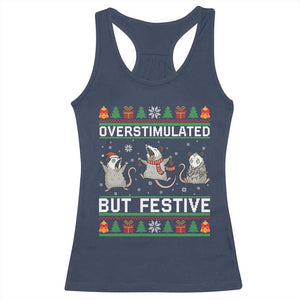Overstimulated But Festive Opossum Christmas Racerback Tank Top Funny Holiday Anxiety Gag Gift for Introverts TS02 Navy Print Your Wear
