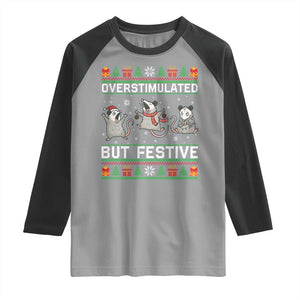 Overstimulated But Festive Opossum Christmas Raglan Shirt Funny Holiday Anxiety Gag Gift for Introverts TS02 Sport Gray Black Print Your Wear