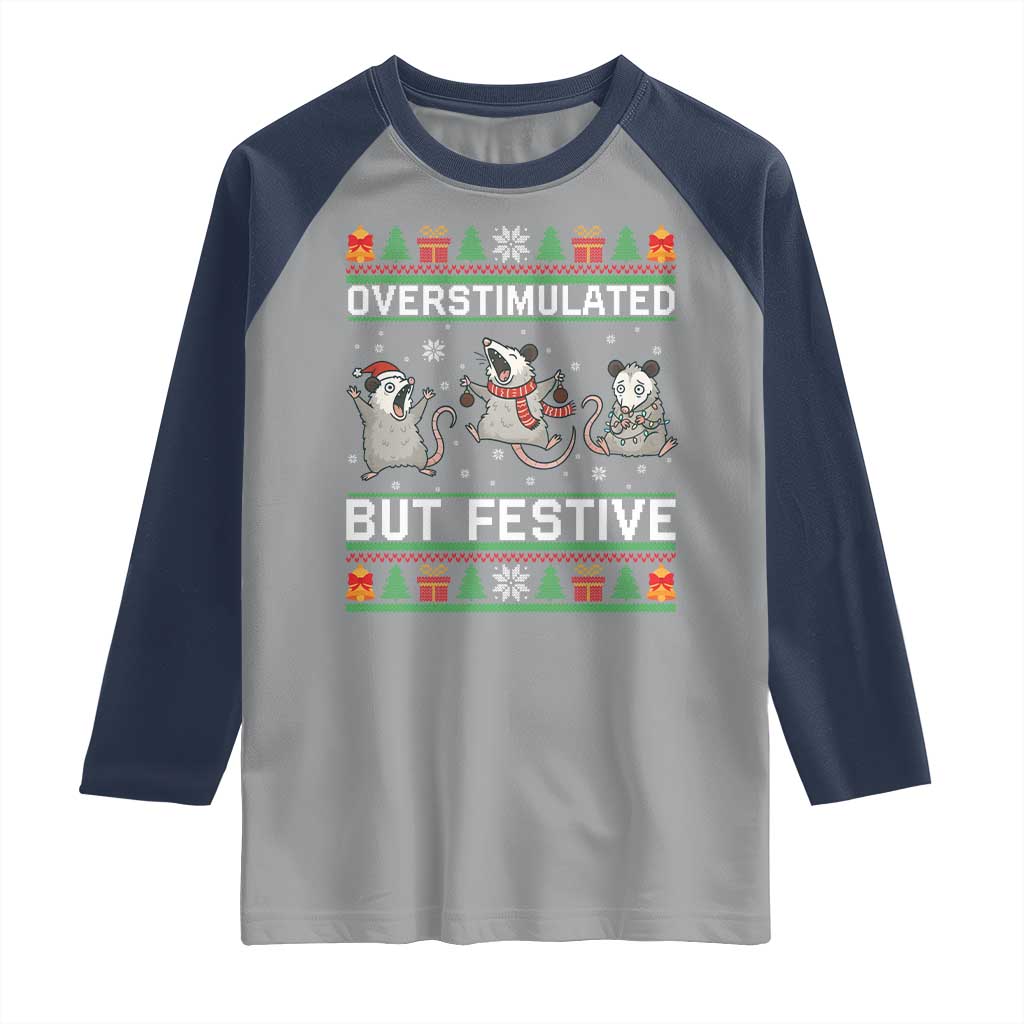 Overstimulated But Festive Opossum Christmas Raglan Shirt Funny Holiday Anxiety Gag Gift for Introverts TS02 Sport Gray Navy Print Your Wear