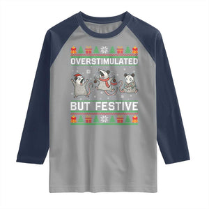 Overstimulated But Festive Opossum Christmas Raglan Shirt Funny Holiday Anxiety Gag Gift for Introverts TS02 Sport Gray Navy Print Your Wear