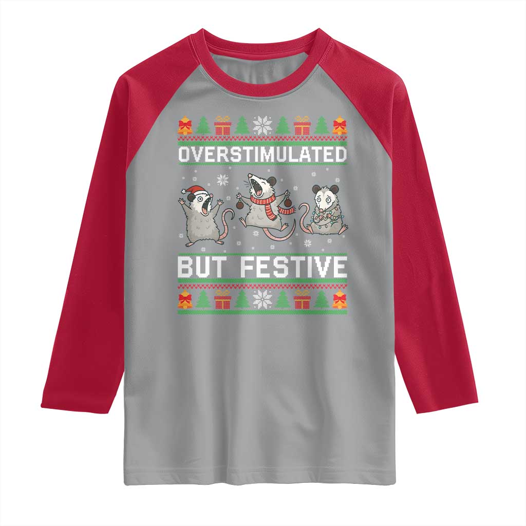 Overstimulated But Festive Opossum Christmas Raglan Shirt Funny Holiday Anxiety Gag Gift for Introverts TS02 Sport Gray Red Print Your Wear