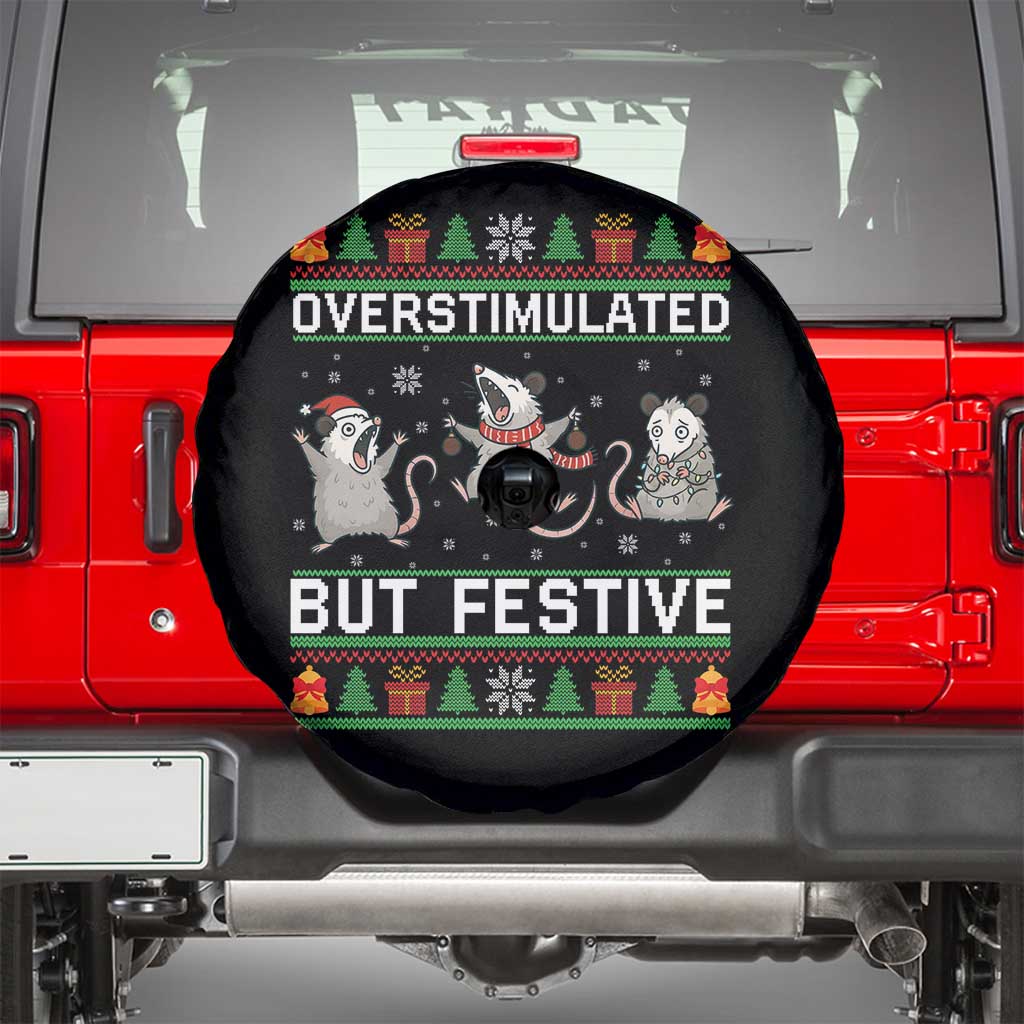 Overstimulated But Festive Opossum Christmas Spare Tire Cover Funny Holiday Anxiety Gag Gift for Introverts TS02 Black Print Your Wear