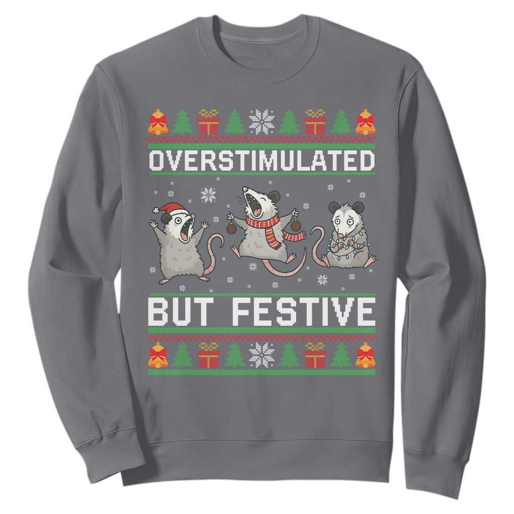 Overstimulated But Festive Opossum Christmas Sweatshirt Funny Holiday Anxiety Gag Gift for Introverts TS02 Charcoal Print Your Wear