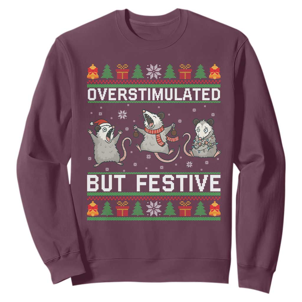 Overstimulated But Festive Opossum Christmas Sweatshirt Funny Holiday Anxiety Gag Gift for Introverts TS02 Maroon Print Your Wear