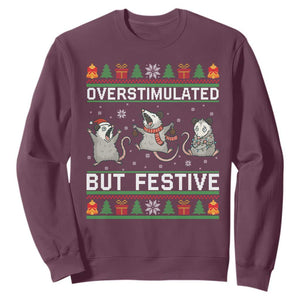 Overstimulated But Festive Opossum Christmas Sweatshirt Funny Holiday Anxiety Gag Gift for Introverts TS02 Maroon Print Your Wear