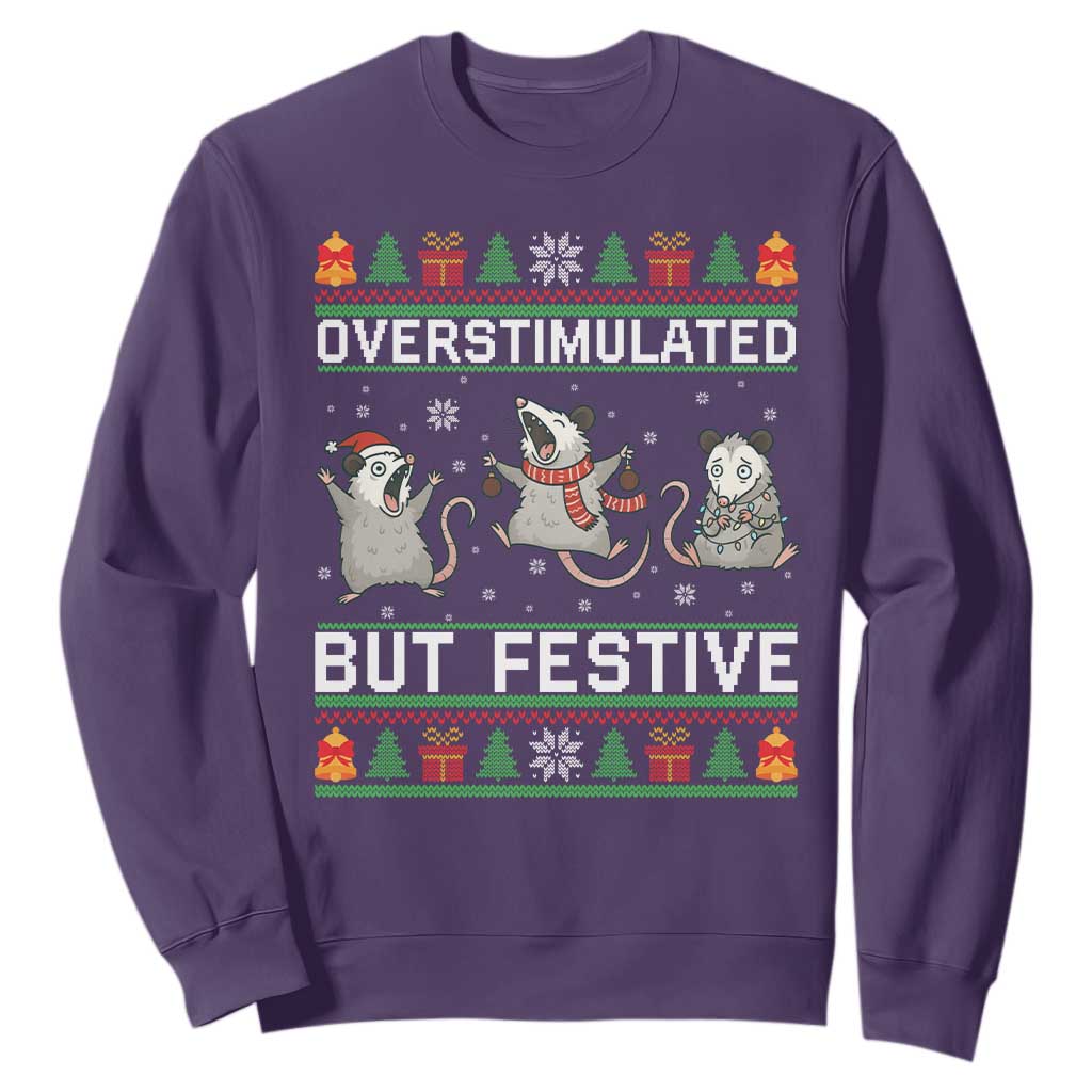 Overstimulated But Festive Opossum Christmas Sweatshirt Funny Holiday Anxiety Gag Gift for Introverts TS02 Purple Print Your Wear
