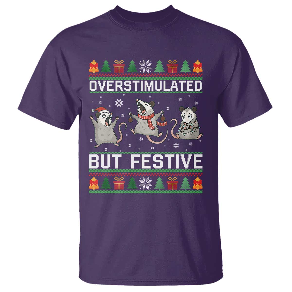 Overstimulated But Festive Opossum Christmas T Shirt Funny Holiday Anxiety Gag Gift for Introverts TS02 Purple Print Your Wear