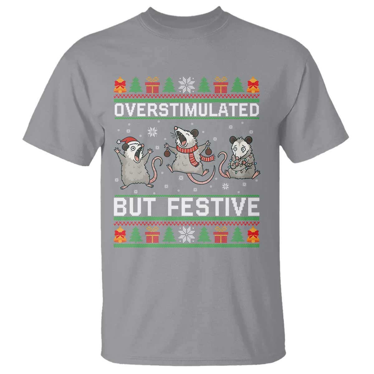 Overstimulated But Festive Opossum Christmas T Shirt Funny Holiday Anxiety Gag Gift for Introverts TS02 Sport Gray Print Your Wear
