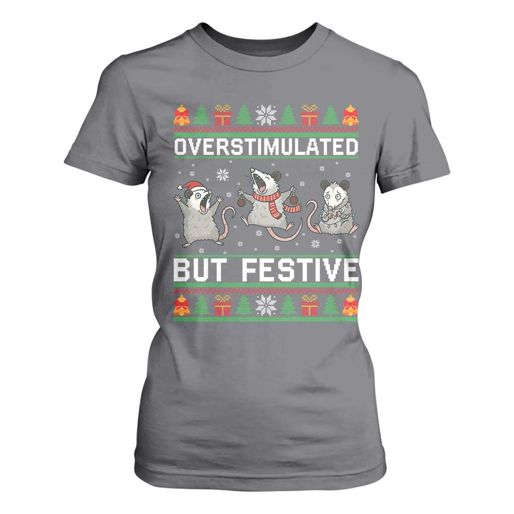 Overstimulated But Festive Opossum Christmas T Shirt For Women Funny Holiday Anxiety Gag Gift for Introverts TS02 Charcoal Print Your Wear