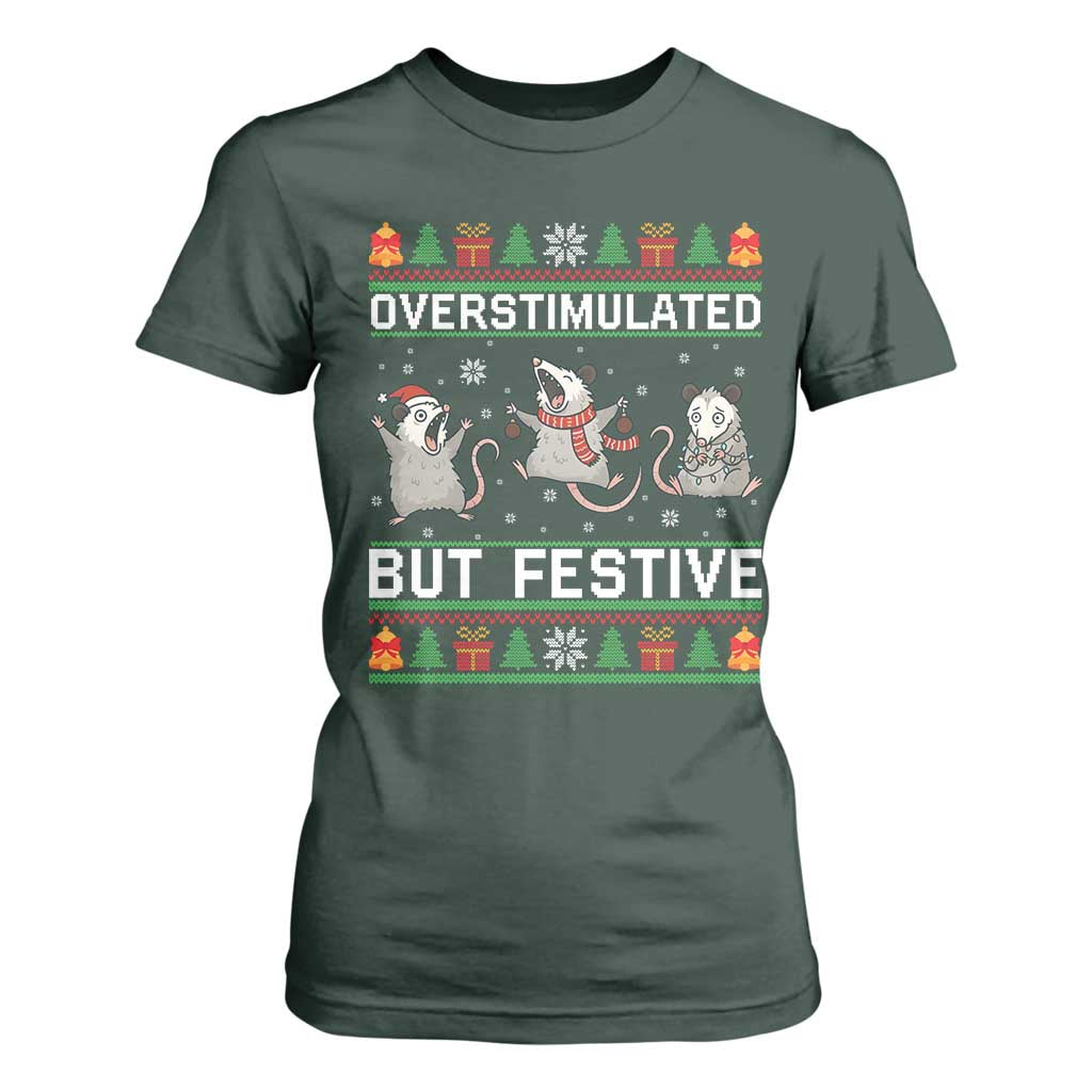 Overstimulated But Festive Opossum Christmas T Shirt For Women Funny Holiday Anxiety Gag Gift for Introverts TS02 Dark Forest Green Print Your Wear