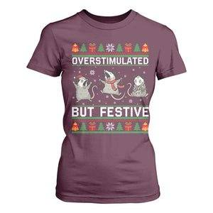 Overstimulated But Festive Opossum Christmas T Shirt For Women Funny Holiday Anxiety Gag Gift for Introverts TS02 Maroon Print Your Wear