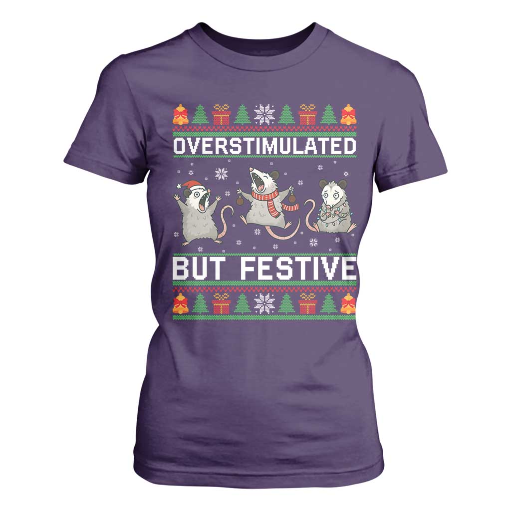 Overstimulated But Festive Opossum Christmas T Shirt For Women Funny Holiday Anxiety Gag Gift for Introverts TS02 Purple Print Your Wear