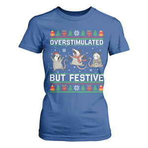 Overstimulated But Festive Opossum Christmas T Shirt For Women Funny Holiday Anxiety Gag Gift for Introverts TS02 Royal Blue Print Your Wear