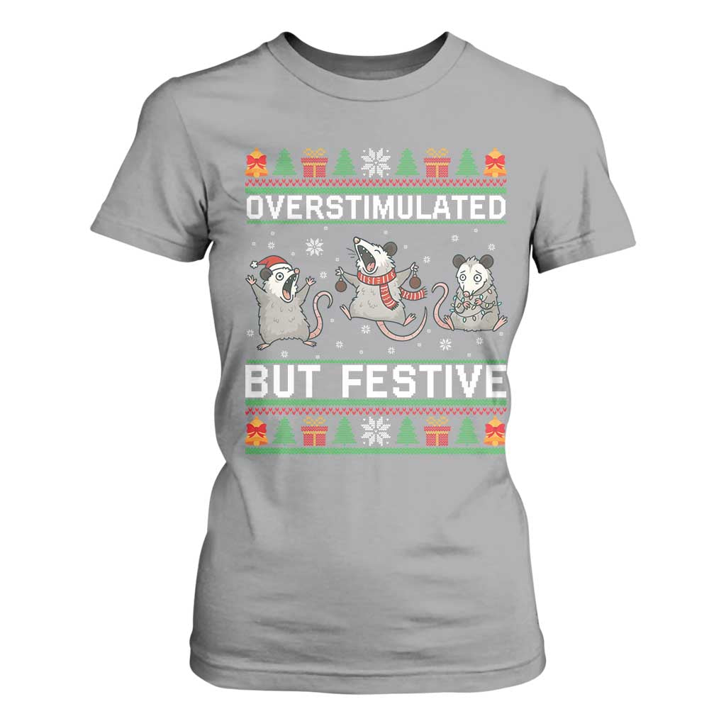 Overstimulated But Festive Opossum Christmas T Shirt For Women Funny Holiday Anxiety Gag Gift for Introverts TS02 Sport Gray Print Your Wear