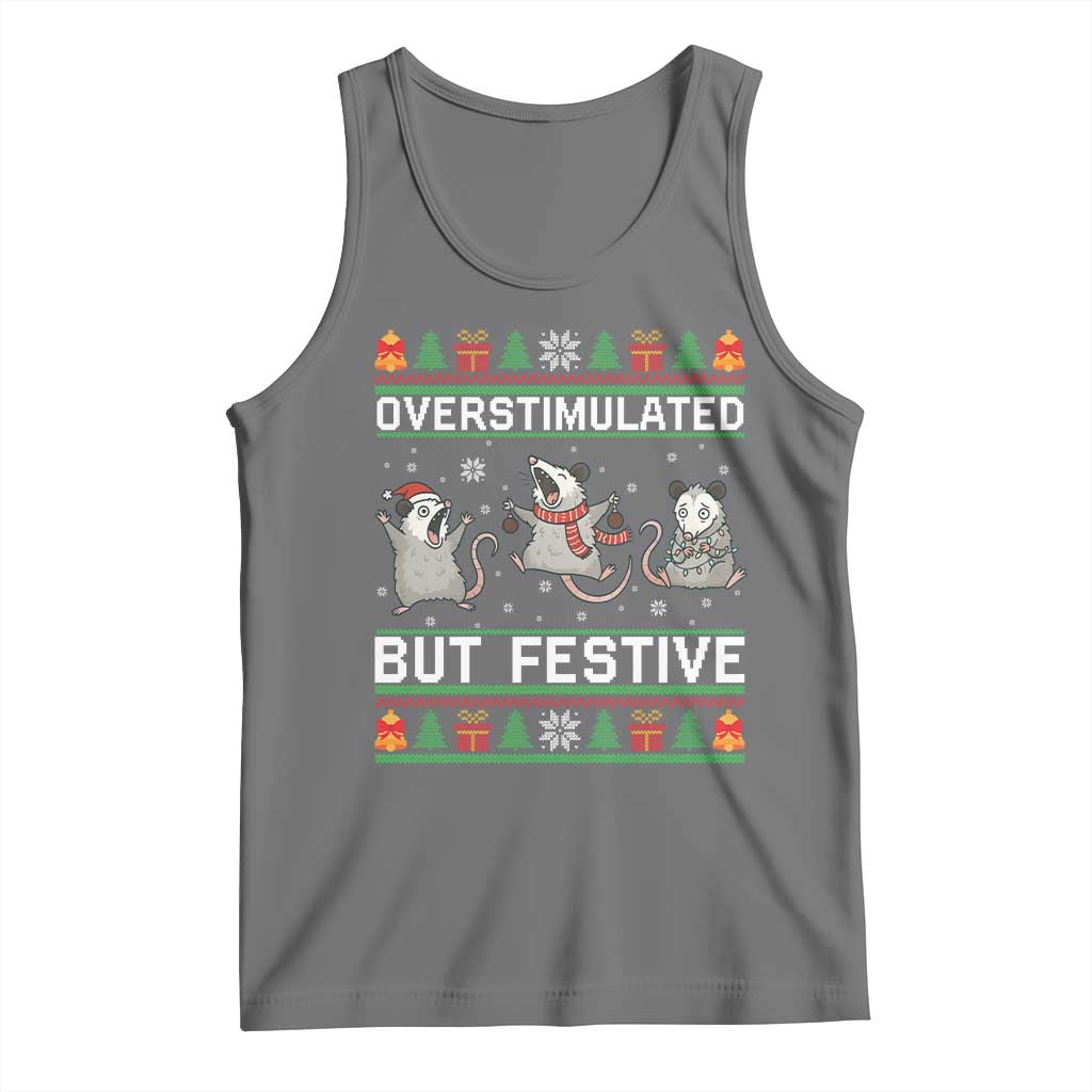 Overstimulated But Festive Opossum Christmas Tank Top Funny Holiday Anxiety Gag Gift for Introverts TS02 Black Heather Print Your Wear