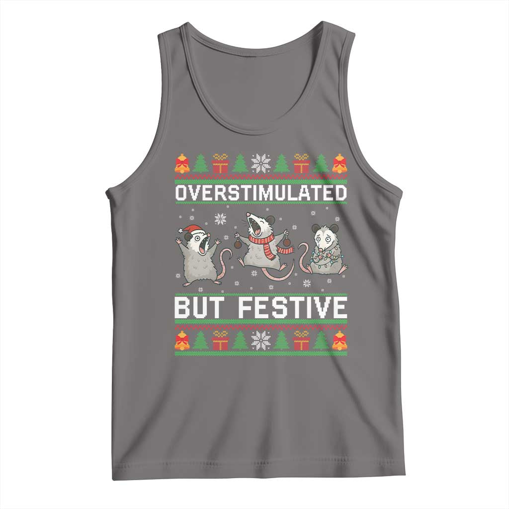 Overstimulated But Festive Opossum Christmas Tank Top Funny Holiday Anxiety Gag Gift for Introverts TS02 Deep Heather Print Your Wear