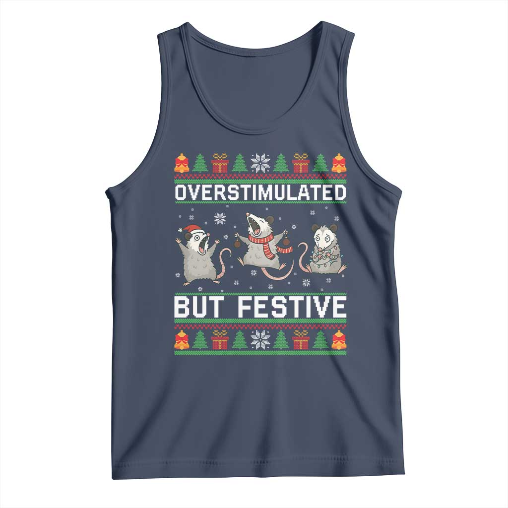 Overstimulated But Festive Opossum Christmas Tank Top Funny Holiday Anxiety Gag Gift for Introverts TS02 Navy Print Your Wear