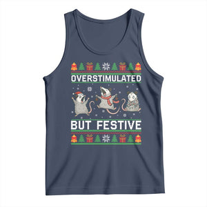 Overstimulated But Festive Opossum Christmas Tank Top Funny Holiday Anxiety Gag Gift for Introverts TS02 Navy Print Your Wear