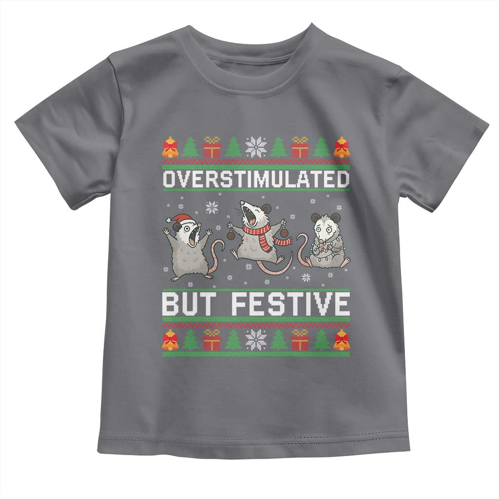 Overstimulated But Festive Opossum Christmas Toddler T Shirt Funny Holiday Anxiety Gag Gift for Introverts TS02 Charcoal Print Your Wear