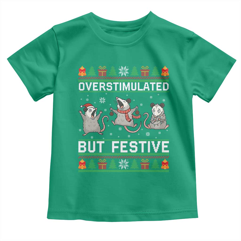 Overstimulated But Festive Opossum Christmas Toddler T Shirt Funny Holiday Anxiety Gag Gift for Introverts TS02 Irish Green Print Your Wear