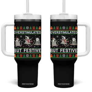 Overstimulated But Festive Opossum Christmas Tumbler With Handle Funny Holiday Anxiety Gag Gift for Introverts TS02 One Size: 40 oz Black Print Your Wear