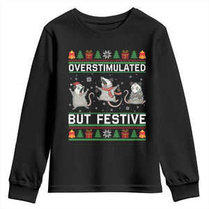 Overstimulated But Festive Opossum Christmas Youth Sweatshirt Funny Holiday Anxiety Gag Gift for Introverts TS02 Black Print Your Wear