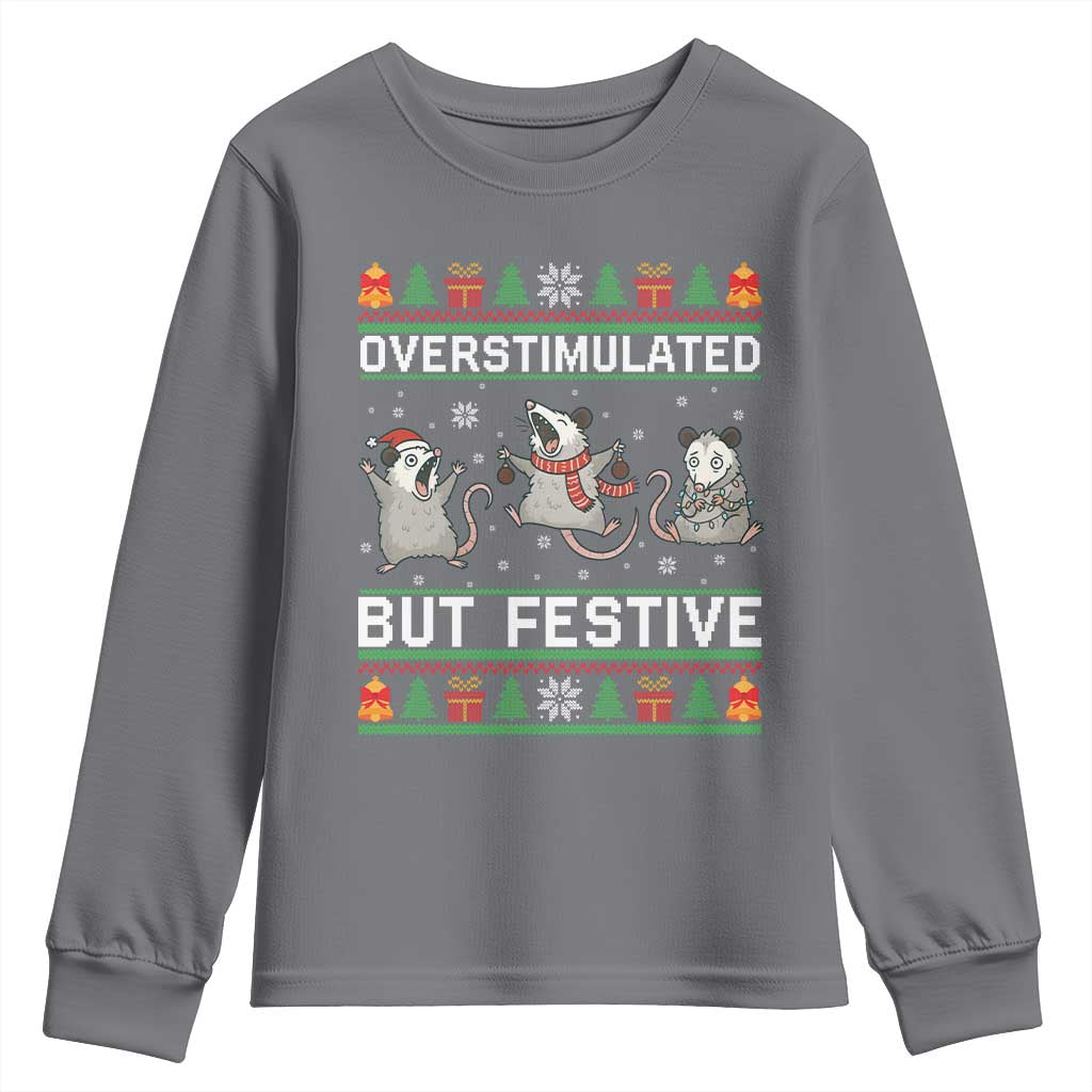 Overstimulated But Festive Opossum Christmas Youth Sweatshirt Funny Holiday Anxiety Gag Gift for Introverts TS02 Charcoal Print Your Wear