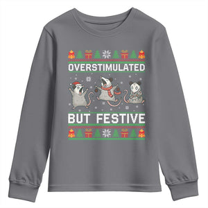 Overstimulated But Festive Opossum Christmas Youth Sweatshirt Funny Holiday Anxiety Gag Gift for Introverts TS02 Charcoal Print Your Wear