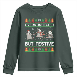 Overstimulated But Festive Opossum Christmas Youth Sweatshirt Funny Holiday Anxiety Gag Gift for Introverts TS02 Dark Forest Green Print Your Wear