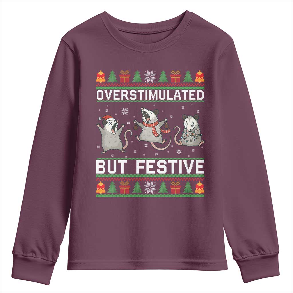 Overstimulated But Festive Opossum Christmas Youth Sweatshirt Funny Holiday Anxiety Gag Gift for Introverts TS02 Maroon Print Your Wear