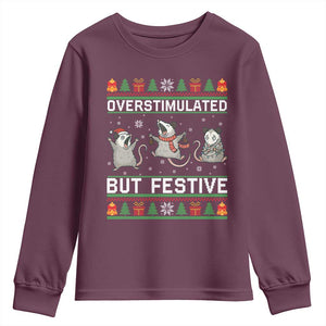 Overstimulated But Festive Opossum Christmas Youth Sweatshirt Funny Holiday Anxiety Gag Gift for Introverts TS02 Maroon Print Your Wear
