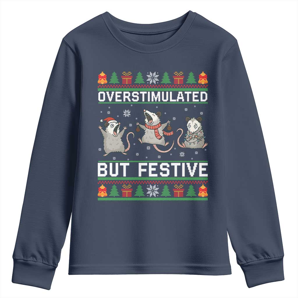 Overstimulated But Festive Opossum Christmas Youth Sweatshirt Funny Holiday Anxiety Gag Gift for Introverts TS02 Navy Print Your Wear