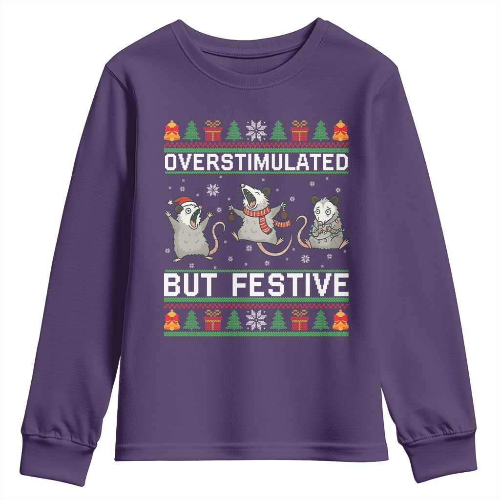 Overstimulated But Festive Opossum Christmas Youth Sweatshirt Funny Holiday Anxiety Gag Gift for Introverts TS02 Purple Print Your Wear