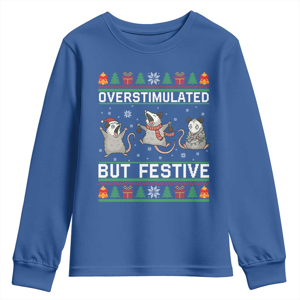 Overstimulated But Festive Opossum Christmas Youth Sweatshirt Funny Holiday Anxiety Gag Gift for Introverts TS02 Royal Blue Print Your Wear
