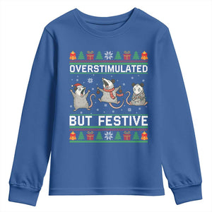 Overstimulated But Festive Opossum Christmas Youth Sweatshirt Funny Holiday Anxiety Gag Gift for Introverts TS02 Royal Blue Print Your Wear