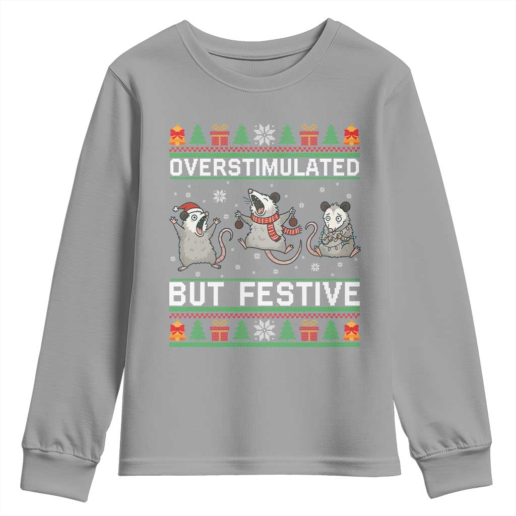 Overstimulated But Festive Opossum Christmas Youth Sweatshirt Funny Holiday Anxiety Gag Gift for Introverts TS02 Sport Gray Print Your Wear