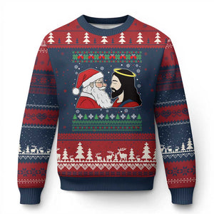Funny Christmas Santa and Jesus Ugly Christmas Sweater Most Wonderful Time Christian Holiday Gag Gift TS02 Navy Red Print Your Wear