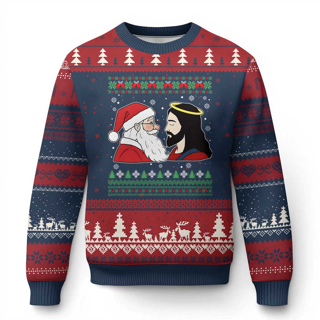 Funny Christmas Santa and Jesus Ugly Christmas Sweater Most Wonderful Time Christian Holiday Gag Gift TS02 Navy Red Print Your Wear