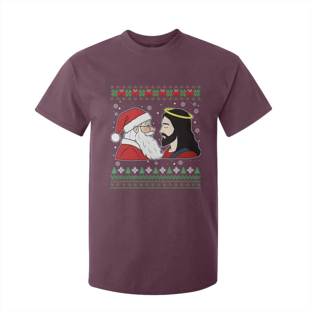 Funny Christmas Santa and Jesus T Shirt For Kid Most Wonderful Time Christian Holiday Gag Gift TS02 Maroon Print Your Wear